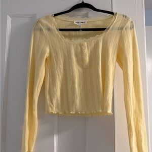 Pink Rose Pale Yellow Ribbed Long Sleeve Crop Top